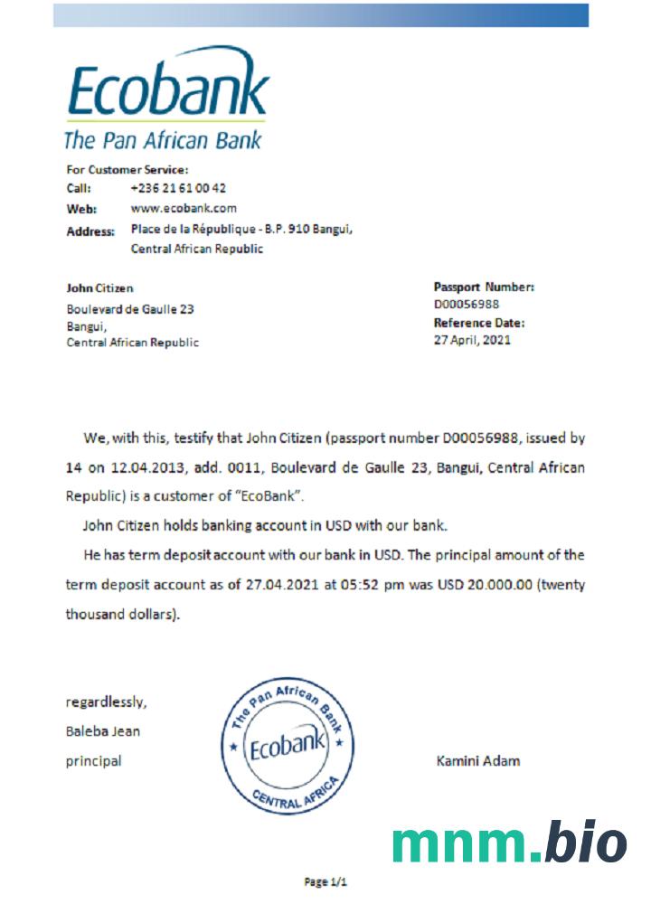 Przykład odniesienia Ecobank w Afryce Środkowej w formatach Word i PDF